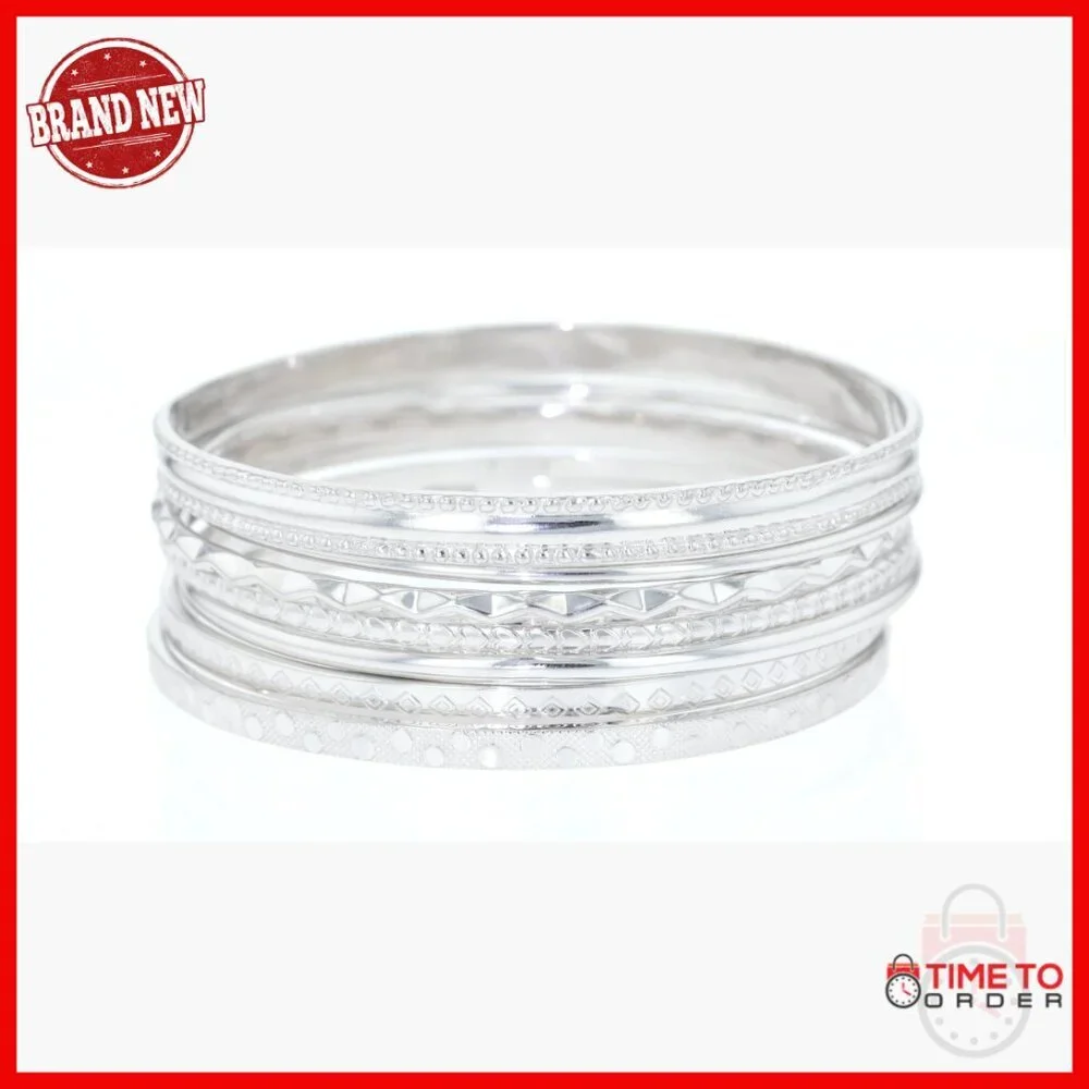 Sterling Silver Bangle Bracelet Set, 7 Textured Bangles, Clasp-Free